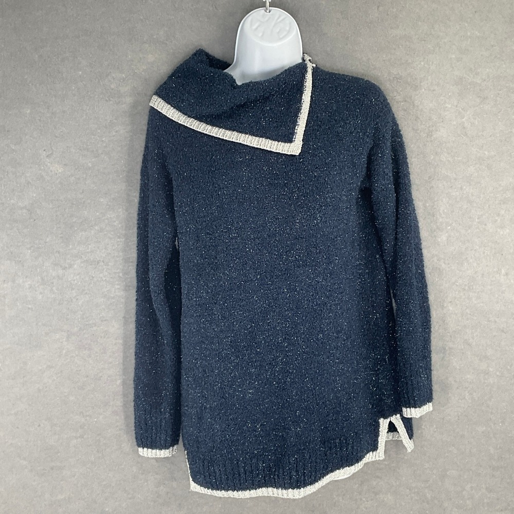 Crown & Ivy Navy Sparkle Mock Neck Asymmetrical Zip Cozy Sweater Size S